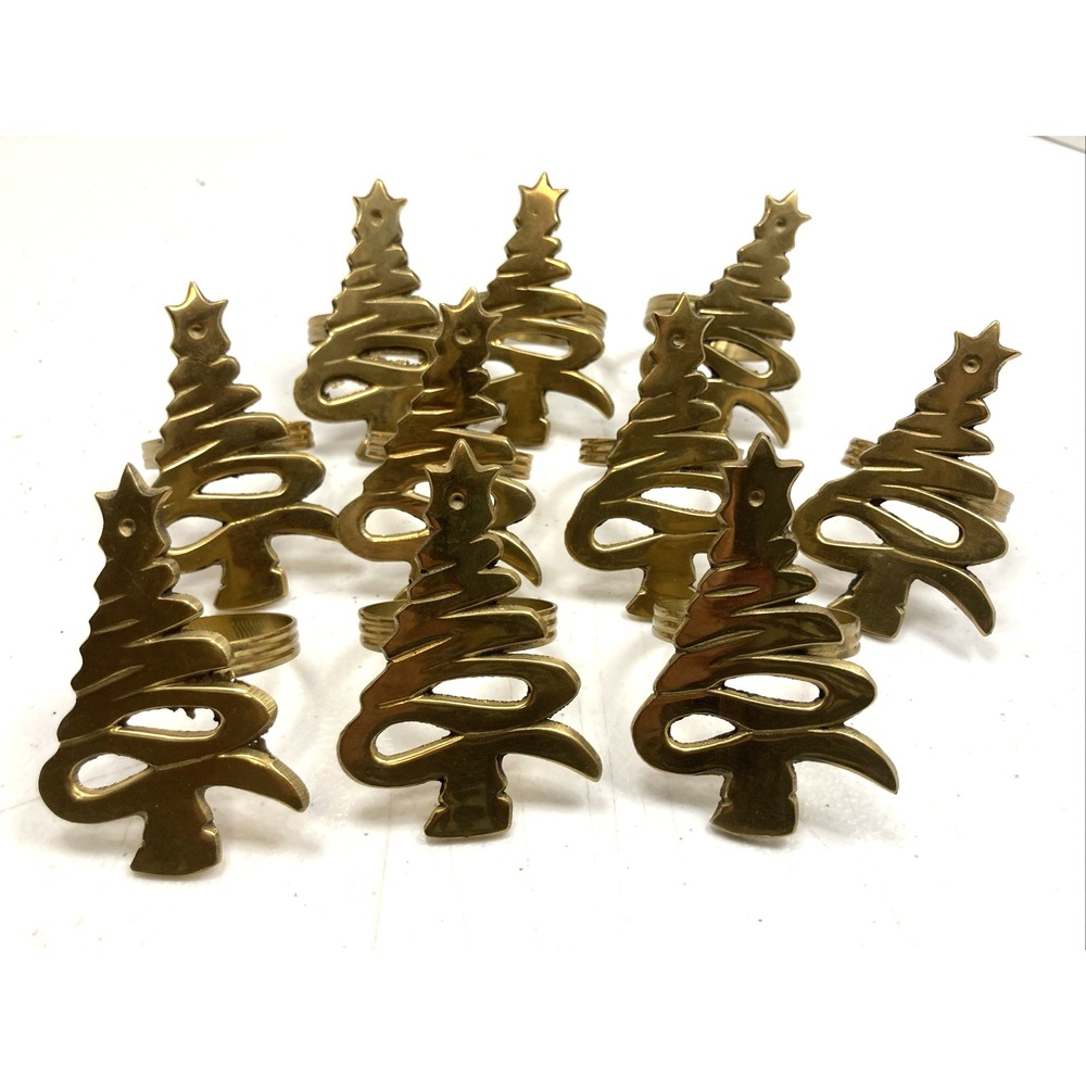 Ten Vintage Christmas Tree Napkin Holder Rings Solid Brass Figural Swirl